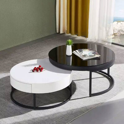 Vintage White Luxury Marble Top Coffee Table With Drawer Storage Black Steel Base