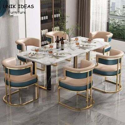 ভালো দাম Luxury Style Metal Leather Dining Table And Chairs Iron Gilded Legs Leather Seat OEM অনলাইন