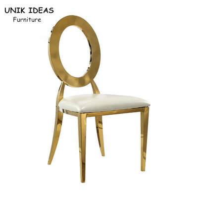 ভালো দাম Stainless Steel Gold Round Back Wedding Dining Chairs With White Leather Cushion অনলাইন
