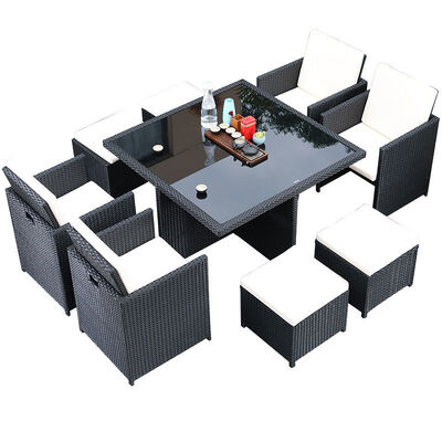 ভালো দাম 8 সিটার আউটডোর রটান চেয়ার অঙ্গন বাগান স্পেস সাশ্রয়কারী টেম্পারেড গ্লাস কফি টেবিল সেট অনলাইন