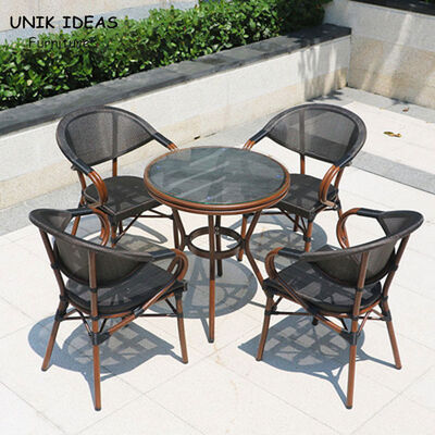 ভালো দাম Woven Black Stackable Outdoor Dining Chairs Mesh Frame Aluminum Restaurant 83cm অনলাইন