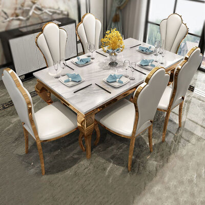 ভালো দাম White Marble Dining Table And Chairs Set Stainless Steel Rectangle অনলাইন