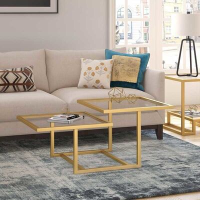 ভালো দাম Geometric Tempered Glass Coffee Tables Gold Stainless Steel Frame For Home Hotel অনলাইন